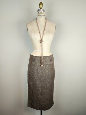 Zara Classic Chocolate Brown Herringbone Tweed Wool Pencil Skirt * Ladies Small
